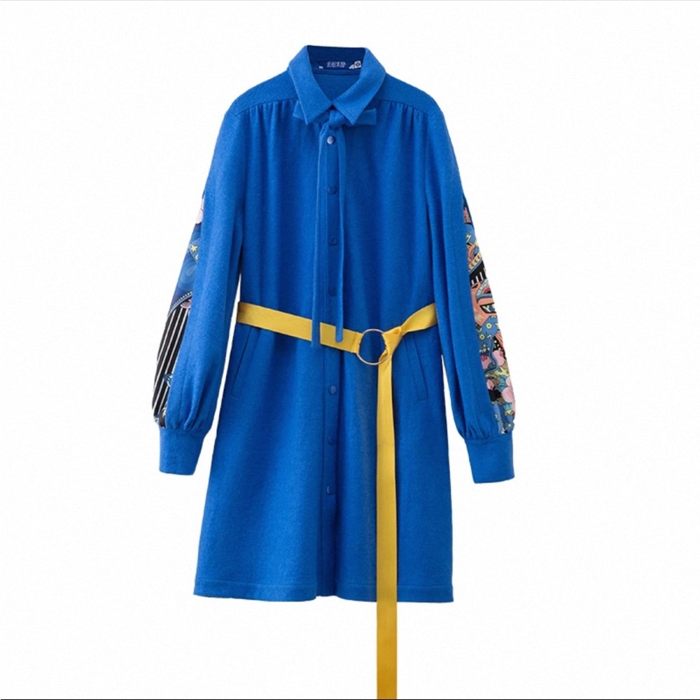 wool blended Blue Shirt Dress with Yellow Belt